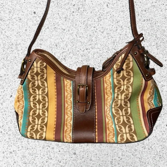 Fossil Shoulder Bag Brown Leather Monogram and Striped Canvas - Picture 1 of 15
